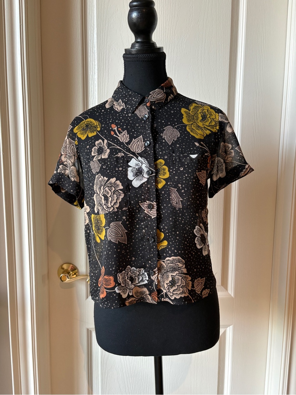 Garage Short Sleeve Black Floral Button-Up Top